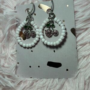 Light pink Beaded Hoop Earrings with Cherry Charm